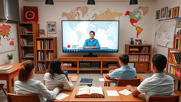 A virtual language classroom setup with a teacher engaging with students on a screen, surrounded by language textbooks, cultural artifacts, and a world map, creating a vibrant and immersive environment for remote language coaching sessions.