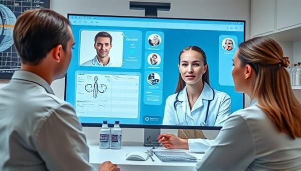 An engaging image of a virtual skincare consultation session, featuring a dermatologist discussing treatment options with a patient through a screen, with skincare products, diagnostic tools, and medical charts in the background, creating a professional and informative skincare clinic atmosphere.
