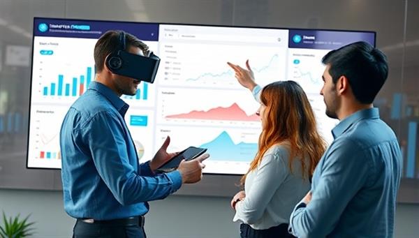 An imaginative scene showing a virtual CFO guiding a group of diverse startup founders around a digital financial dashboard, symbolizing strategic financial planning and support tailored for startups.