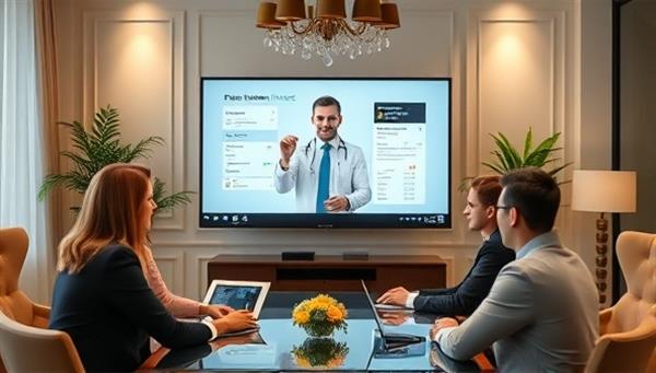 An elegant virtual meeting setup with a professional giving financial advice on a screen to a diverse group of business owners, emphasizing expertise and collaboration.