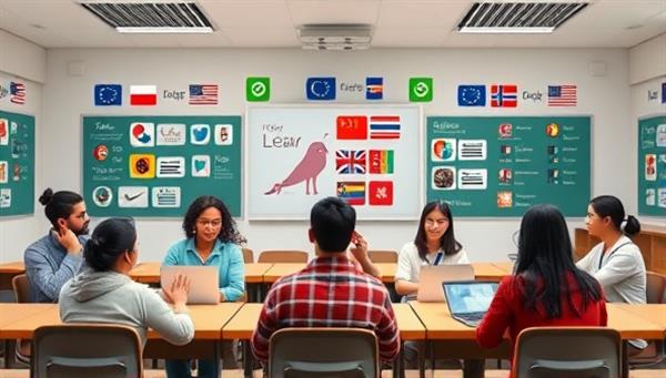 A virtual language classroom setting with diverse avatars engaged in language learning activities and cultural exchanges, symbolizing a digital environment that fosters language proficiency and cross-cultural understanding.