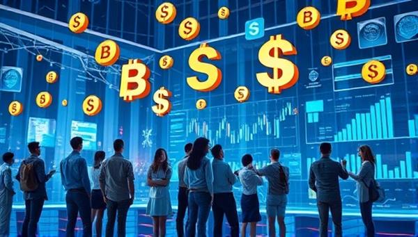 A dynamic and futuristic visualization of digital currency symbols floating in a virtual space, with a diverse group of individuals interacting with graphs and charts on transparent screens, symbolizing the accessibility and innovation of the platform.