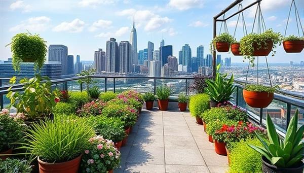 A vibrant rooftop garden filled with lush plants, colorful flowers, and hanging planters, overlooking a scenic urban skyline backdrop, evoking a sense of tranquility and sustainable urban living.