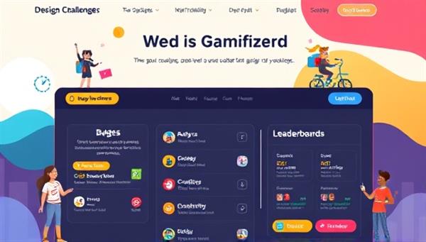 A dynamic and colorful gamified platform interface showcasing design challenges, badges, and leaderboards, with animated characters and creative design tasks, illustrating the concept of a web design gamification platform.