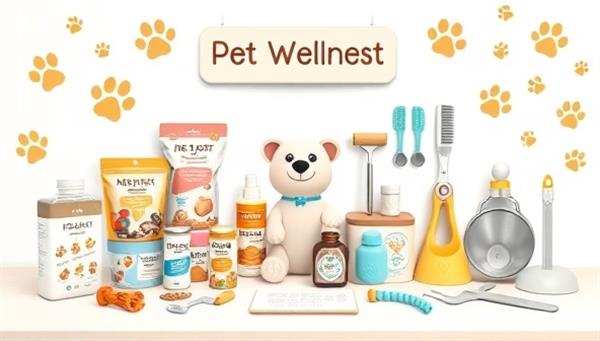 An adorable pet wellness kit displayed with pet treats, grooming tools, toys, and a virtual vet consultation setup, surrounded by paw prints and playful pet motifs, creating a cheerful and pet-friendly atmosphere.
