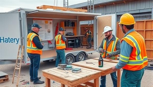 A mobile workshop setup at a construction site with trainers demonstrating safety procedures, equipment operation techniques, and hands-on learning activities for construction workers, fostering a practical and engaging learning environment.