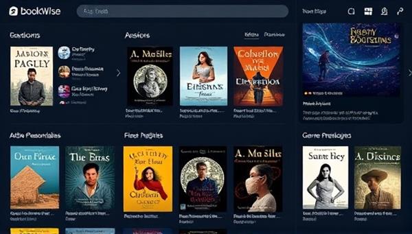An AI-powered book recommendation interface displaying personalized book suggestions, author spotlights, and genre recommendations based on the user