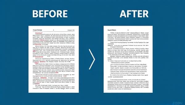 A visually engaging graphic showcasing a before-and-after comparison of a manuscript page, with the original text marked up with corrections and comments on one side, and the polished, edited version on the other side, highlighting the transformative impact of professional editing services on writing quality.