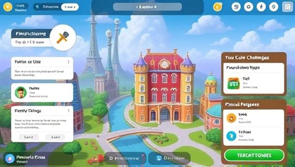 An immersive and colorful game interface showcasing a virtual financial world with interactive quizzes, financial challenges, and progress trackers, illustrating the engaging and educational nature of FinEd Quest for users learning about money management.