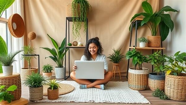 An eco-friendly lifestyle studio set with sustainable decor elements, plants, and recyclable materials, showcasing a content creator working on a laptop surrounded by green living inspiration, conveying the eco-conscious and creative essence of GreenVibes Media.