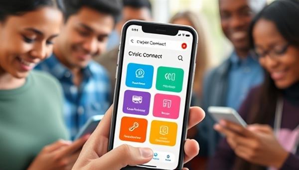 A modern smartphone displaying the CivicConnect app interface, with vibrant icons for reporting issues, providing feedback, and accessing local government updates, surrounded by a diverse group of engaged residents using the app, symbolizing digital civic empowerment.