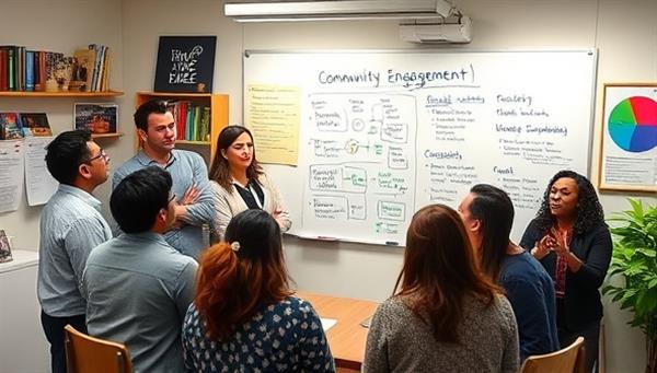 A community engagement strategy session with a consultant brainstorming ideas on a whiteboard, surrounded by community engagement resources, outreach materials, and a diverse group of community members, symbolizing collaboration and community connection in action.