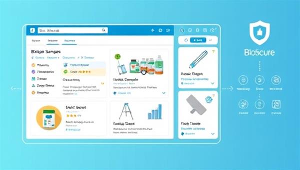 An illustration of a digital interface displaying a variety of biological samples and laboratory equipment listings on the BioSecure Marketplace platform, with secure transaction icons and user reviews, highlighting the platform