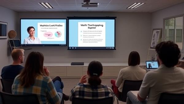An online webinar platform showcasing a virtual mental health workshop session with participants engaging in group discussions, led by a therapist presenting slides on stress management techniques and self-care practices, fostering a supportive and educational environment at MindShift Seminars.