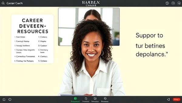 A virtual career coaching session, with a career coach providing guidance and support to a client via video call, career development resources displayed on the screen, and motivational quotes in the background, creating a professional and supportive career development environment.