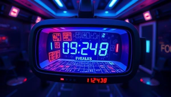 A virtual reality headset displaying a futuristic escape room scenario with intricate puzzles, glowing elements, and a timer ticking down, creating an immersive and suspenseful atmosphere.