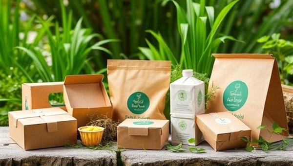 An eco-conscious image featuring a range of sustainable packaging designs, including biodegradable boxes, compostable bags, and reusable containers, presented in a natural setting with green plants and recycled materials, highlighting the eco-friendly and stylish packaging options offered by GreenWrap Innovations.
