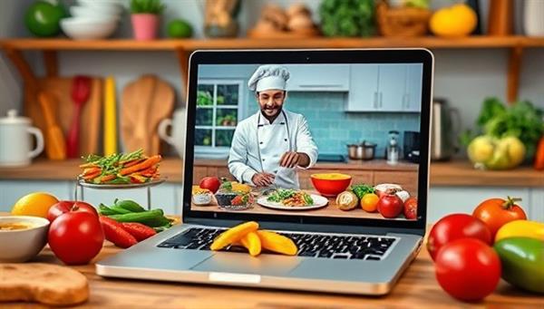 A vibrant kitchen scene with a laptop showing a live cooking class, featuring colorful ingredients, utensils, and a chef guiding participants through a recipe, creating a dynamic and engaging atmosphere.