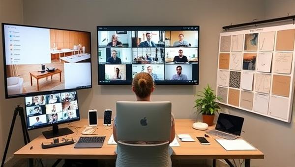 A virtual event planning setup with an event planner coordinating a virtual conference on multiple screens, surrounded by event decor samples, tech gadgets, and a mood board, illustrating professionalism and virtual event management expertise.