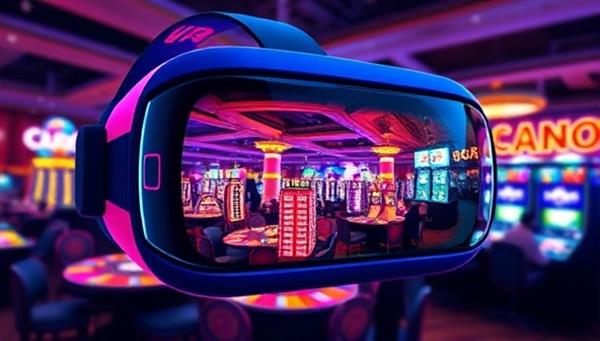 A futuristic virtual reality headset displaying a vibrant and bustling virtual casino scene, with players interacting and enjoying various games, showcasing the immersive and engaging experience of VR Casino Quest.