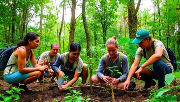 A group of travelers planting trees in a lush forest, wearing eco-friendly gear and surrounded by vibrant greenery, showcasing the hands-on conservation experience provided by GreenQuest Adventures.