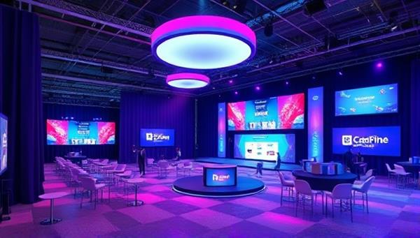 An artistic digital rendering of a virtual event space with interactive features, including a stage, networking areas, and branding elements, showcasing the versatility and creativity of online events.
