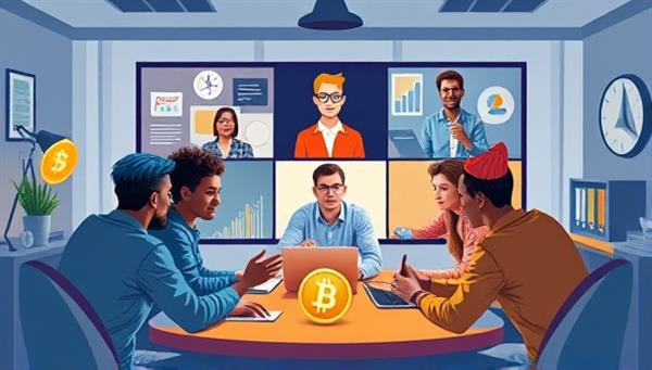 An engaging digital artwork depicting a diverse group of individuals discussing cryptocurrency trends and investments in a dynamic online meeting space, conveying a sense of community and shared knowledge.