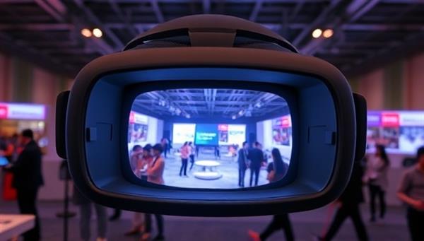 An engaging VR headset showcasing a virtual event space with attendees interacting in a lifelike setting, surrounded by digital event decor and branding elements, illustrating the immersive event planning experience.