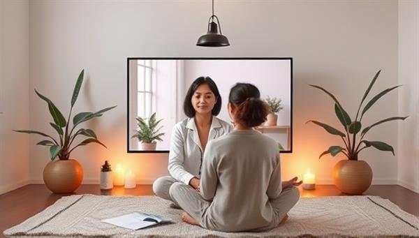 An artistic representation of a virtual therapy session, featuring a therapist engaging with a client via video call, surrounded by calming visuals and relaxation elements, symbolizing the supportive and comforting environment of online mental wellness workshops.