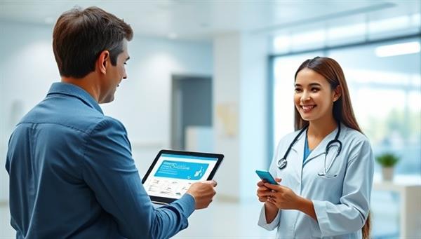 A virtual healthcare concierge assisting a patient via video call, with a digital tablet displaying medical information, a friendly and attentive demeanor, and a comforting virtual background of a serene clinic setting.