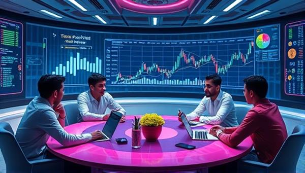 An artistic representation of a futuristic digital currency investment club meeting in a virtual space, with members exchanging ideas and analyzing charts, emphasizing collaboration and cutting-edge investment strategies.