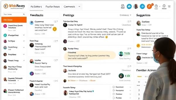 An interactive feedback dashboard displaying a variety of citizen comments, suggestions, and ratings on government services, with government officials and community representatives reviewing the feedback in real-time, analyzing key trends and planning service improvements, reflecting a collaborative approach to citizen governance.