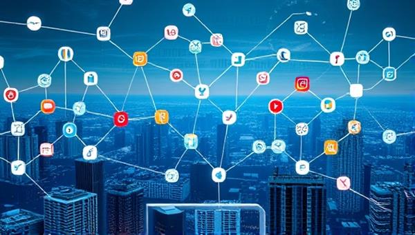 An artistic depiction of a digital landscape with interconnected social media icons and personal branding elements, symbolizing the interconnected nature of online personal branding.