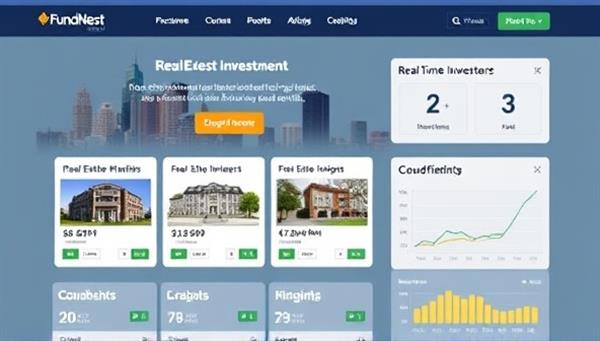An online crowdfunding platform interface displaying various real estate investment opportunities, interactive investment tools, and real-time performance metrics, showcasing the accessibility and transparency of FundNest Realty to potential investors.