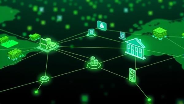 A sleek and futuristic visualization of a blockchain traceability network connecting farms, transportation routes, and retail outlets with transparent data blocks, showcasing the seamless tracking and verification of agricultural products through AgriChain Trace