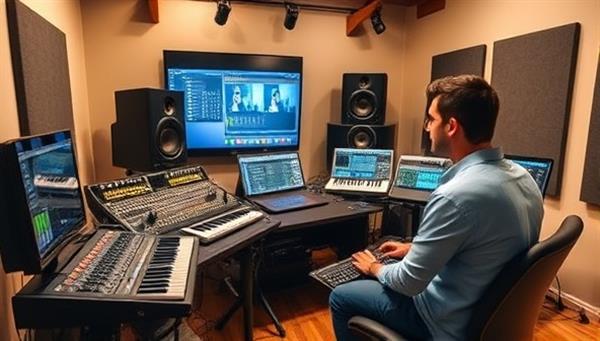 A virtual music production studio setup with professional audio equipment, MIDI controllers, and digital audio workstations, featuring a music producer guiding a student through a creative music composition session, inspiring learning and innovation.
