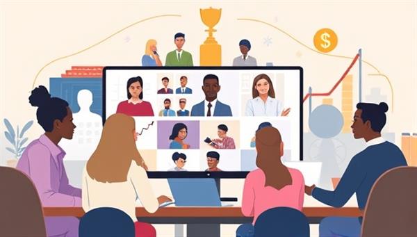 An artistic representation of a virtual career development bootcamp, showcasing a diverse group of professionals engaged in a virtual workshop, with career-related visuals and success symbols in the background, symbolizing growth and advancement.