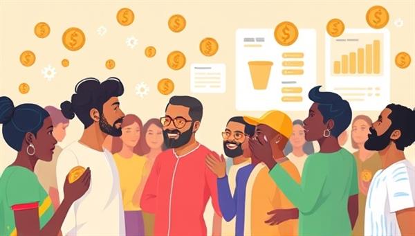 An engaging digital illustration of diverse individuals exchanging virtual coins symbolizing micro-investments, with innovative project ideas displayed in the background, illustrating a vibrant and collaborative investment ecosystem.