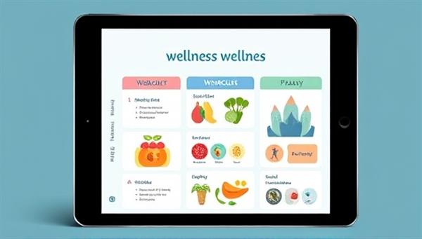 An artistic representation of a digital device displaying a personalized wellness plan with colorful graphics of healthy meals, workout routines, and mindfulness practices, symbolizing a holistic approach to well-being and self-care.