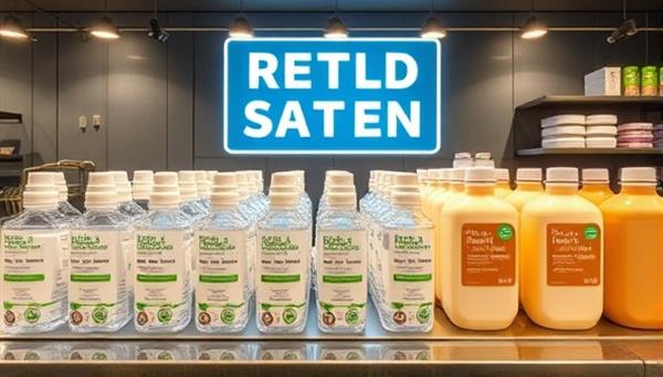 A modern and sleek refill station setup with rows of refillable containers neatly displayed, eco-friendly packaging materials, and a prominent "Refill and Reuse" sign, embodying a clean and sustainable lifestyle.
