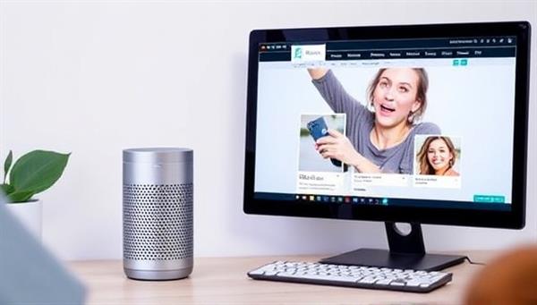 An image depicting a user speaking to a smart speaker device, with a website displayed on a nearby screen responding to the voice commands, emphasizing the seamless interaction and user-friendly design of voice-activated websites.