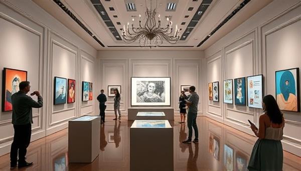 An elegant virtual art gallery setting with digital art installations, interactive touchscreens showcasing artwork details, and visitors exploring the space from their devices, evoking a sense of sophistication and creativity in the digital art world.