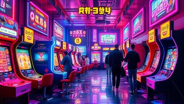 An artistic representation of a virtual gaming arcade filled with colorful game cabinets, neon lights, and animated avatars interacting in a vibrant digital environment, capturing the essence of a dynamic and engaging gaming community.
