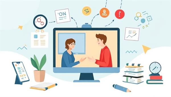 A dynamic digital illustration of a virtual career coaching session, with a coach and a client engaging in a career planning discussion on a video call, surrounded by digital tools and resources, symbolizing the guidance and support offered by RemoteCareer Compass in navigating the remote work landscape.