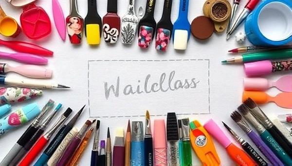 An artistic and colorful representation of various nail art designs, patterns, and tools arranged in a visually appealing layout, showcasing the creativity and artistry of nail art taught in the NailCanvas Online masterclasses.