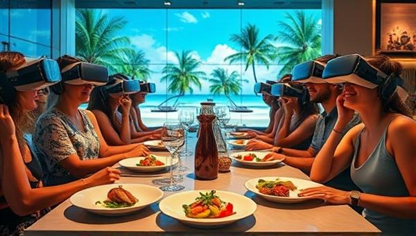 A futuristic dining setup with customers wearing VR headsets, immersed in a virtual tropical paradise while enjoying a gourmet meal served on sleek, modern plates, creating a visually captivating and engaging atmosphere.