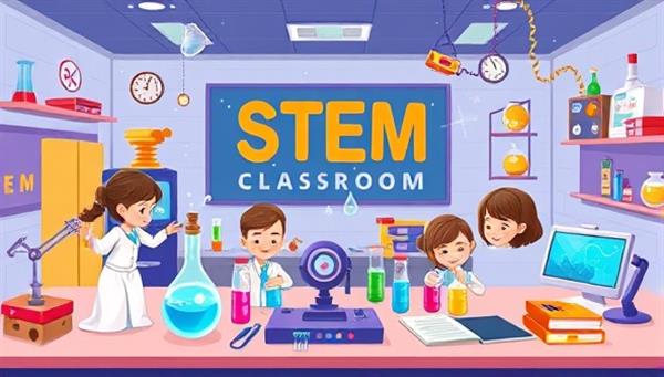 An imaginative illustration of a virtual STEM classroom with animated characters, colorful science experiments, and digital gadgets, creating a playful and educational environment for kids learning STEM subjects.