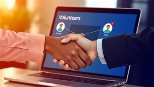 A virtual handshake between a volunteer and a non-profit representative on a digital platform, symbolizing the connection and collaboration facilitated by VirtuServe Connect in enabling impactful volunteer opportunities.