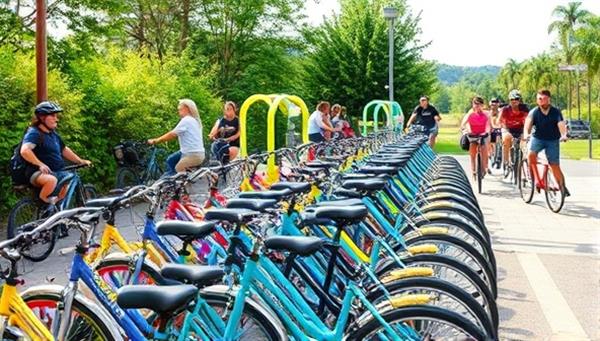 An outdoor setting showcasing a vibrant bike station with colorful bikes lined up neatly, surrounded by greenery and a diverse group of people happily riding bicycles, conveying a sense of community and eco-consciousness.