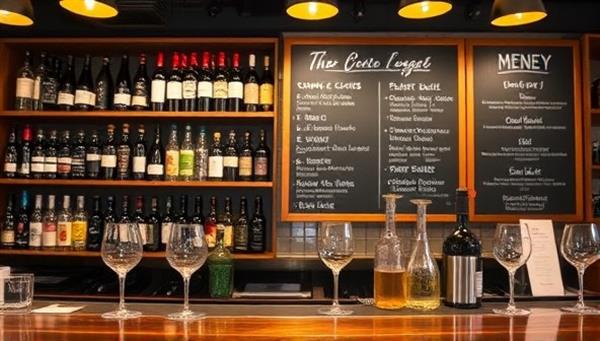 An inviting tasting bar adorned with shelves of artisanal bottles, tasting glasses, and a chalkboard menu featuring unique beverage offerings, exuding a cozy and sophisticated ambiance for beverage aficionados.